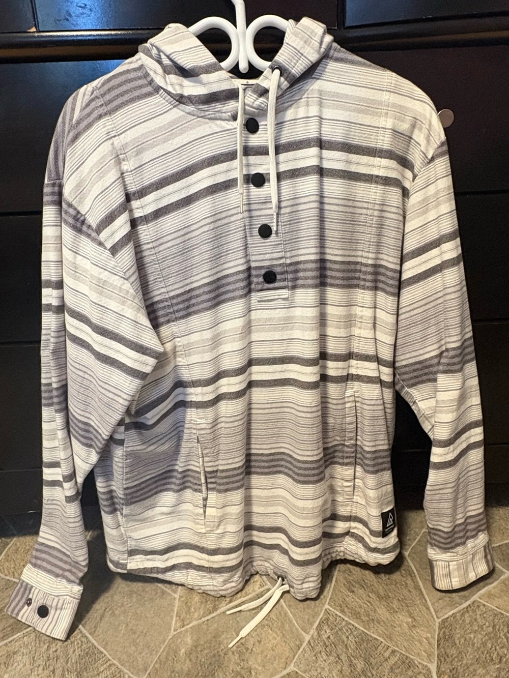 Woman's Gray & White Striped Hooded Button Pullover